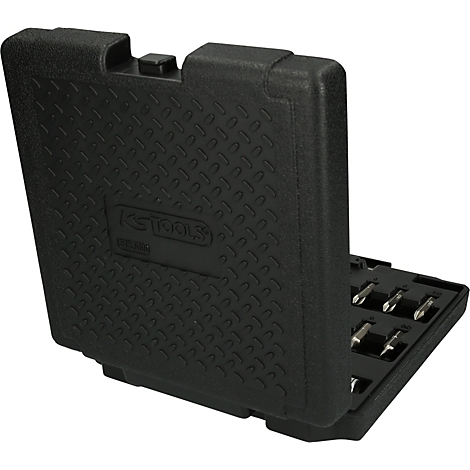 Schwarzer Werkzeugkasten mit offenem Deckel. Darin liegen Schraubendreher-Bits.